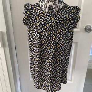 LOFT Flowy Lemon Top Ruffle Mini Cap Sleeves size small navy blue yellow gray